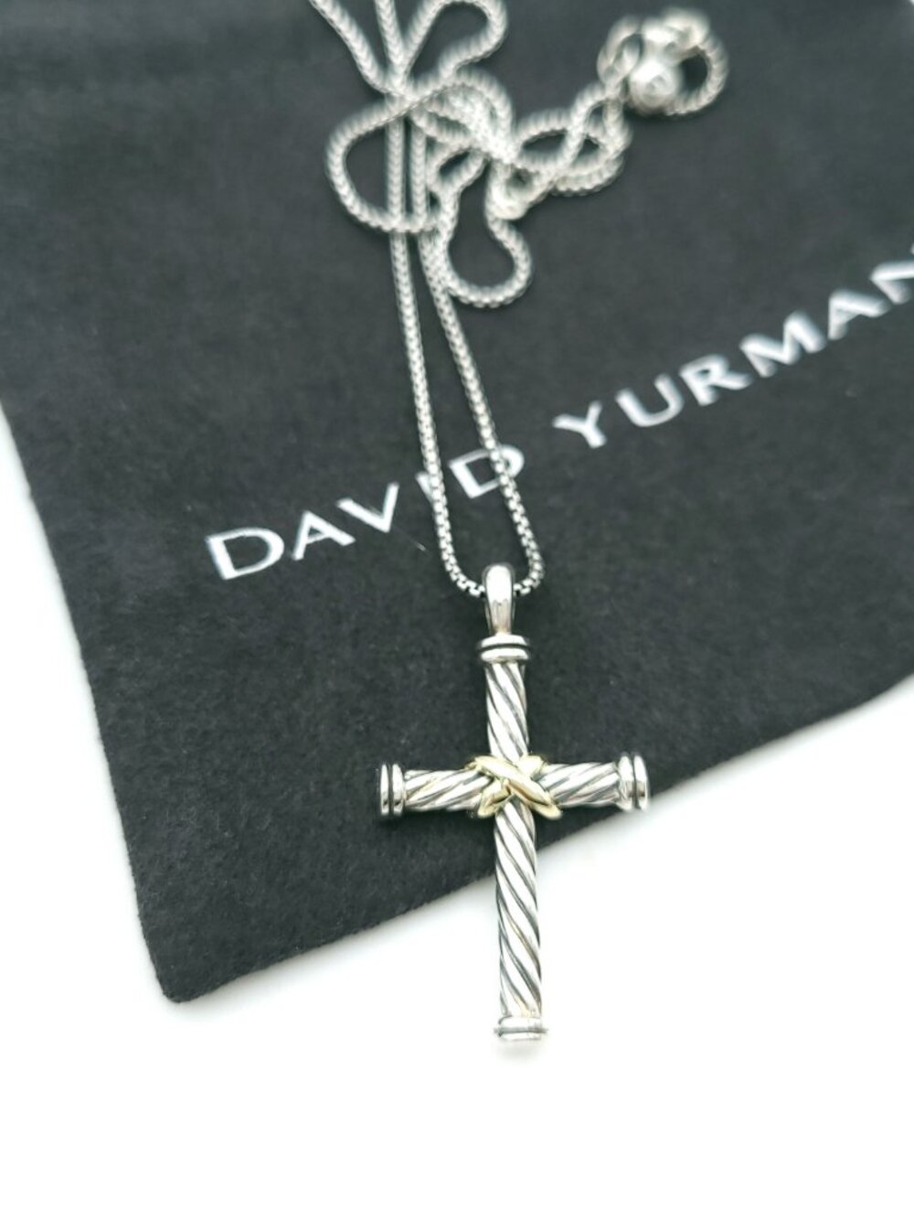 David Yurman Sterling Silver & 18k Gold X Cable Cross Pendant w/ 17-18" Chain